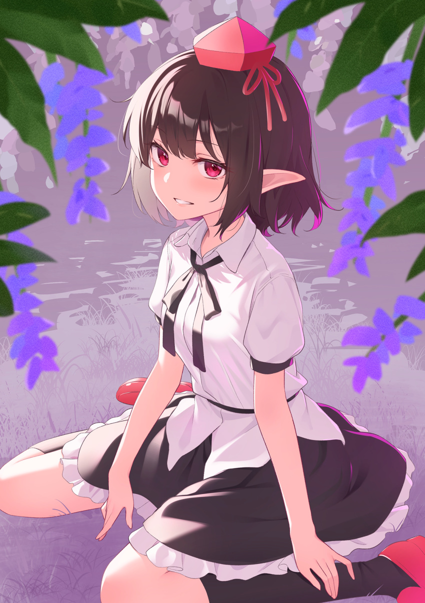 1girl bangs black_legwear black_ribbon black_skirt blush collared_shirt flower frilled_skirt frills full_body hand_on_own_ankle hat highres kanpa_(campagne_9) looking_at_viewer neck_ribbon pointy_ears purple_flower red_eyes red_footwear red_headwear ribbon shameimaru_aya shirt shoes short_hair short_sleeves sitting skirt smile solo tokin_hat touhou wariza water white_shirt wisteria