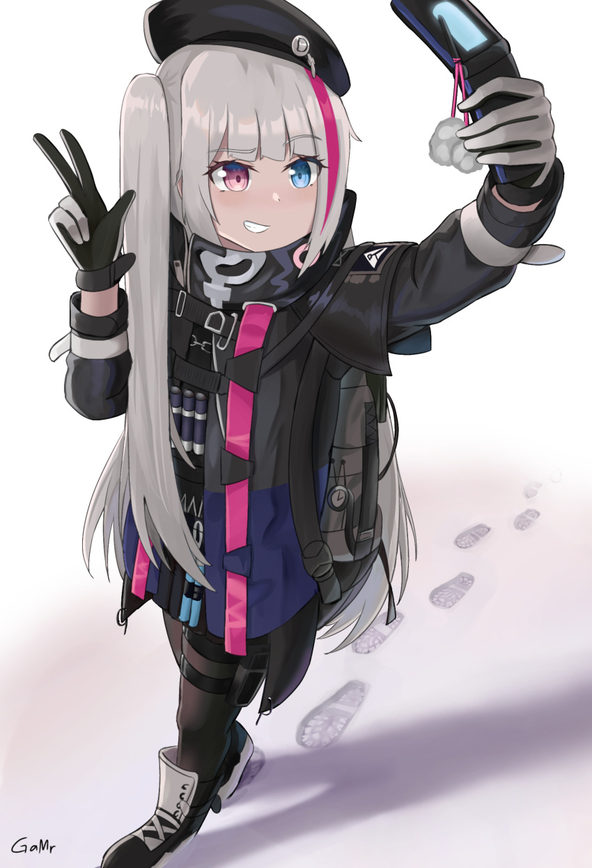 1girl beret black_headwear black_jacket black_legwear blue_eyes cellphone commission english_commentary flip_phone gamryous girls_frontline grey_hair hat heterochromia highres holding holding_phone jacket long_hair long_sleeves mdr_(girls'_frontline) multicolored_hair pantyhose phone side_ponytail smirk solo standing streaked_hair tactical_clothes thigh_strap violet_eyes