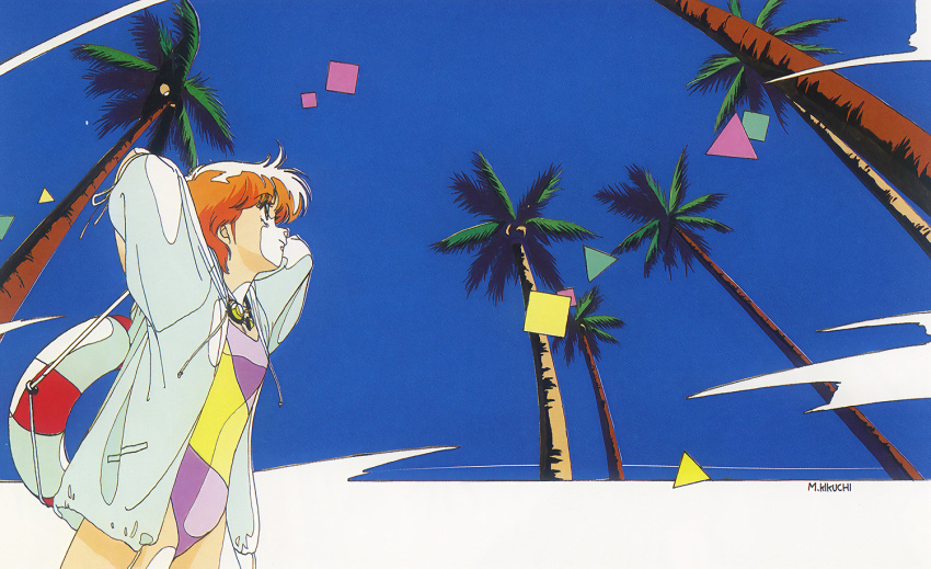 1girl anice_farm arm_behind_head arms_up brown_hair casual_one-piece_swimsuit chouon_senshi_borgman day hood hoodie innertube kikuchi_michitaka long_sleeves non-web_source official_art one-piece_swimsuit open_clothes open_hoodie outdoors palm_tree profile short_hair solo standing swimsuit tree