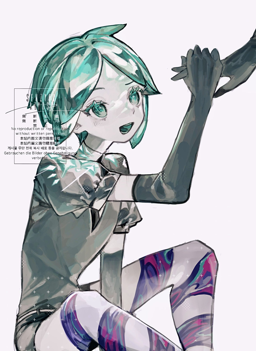1other :d androgynous aqua_eyes aqua_hair bangs between_legs black_gloves collared_shirt colored_eyelashes colored_skin crystal_hair elbow_gloves gem_uniform_(houseki_no_kuni) gloves hand_between_legs highres holding_finger holding_hands houseki_no_kuni kiyosisenzyou knees_up looking_at_another looking_up necktie open_mouth out_of_frame parted_bangs phosphophyllite puffy_sleeves raised_eyebrow shiny shiny_hair shirt short_hair short_shorts shorts simple_background sitting smile striped white_background white_skin