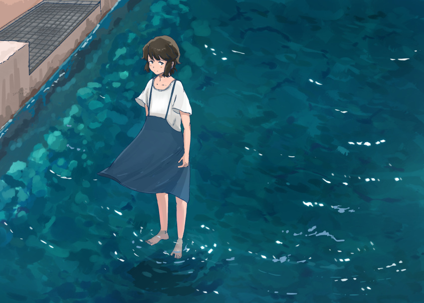 1girl black_hair blue_skirt brown_eyes highres kantai_collection kuragare medium_hair miyuki_(kancolle) ocean partially_submerged shirt short_sleeves sidelocks skirt standing standing_on_liquid suspender_skirt suspenders white_shirt