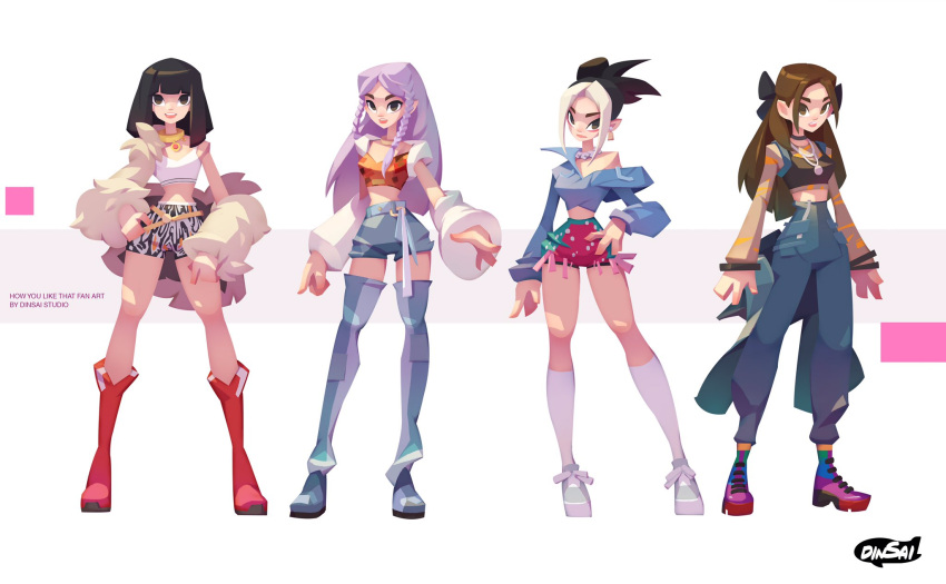 4girls black_hair blackpink blonde_hair blunt_bangs boots braid brown_eyes brown_hair commentary crop_top dinsai_studio earrings hair_bun hand_on_own_hip highres jennie_(blackpink) jewelry jisoo_(blackpink) k-pop lisa_(blackpink) long_hair looking_at_viewer medium_hair multiple_girls pants purple_hair real_life red_boots rose_(blackpink) shorts sidelocks song_name thigh-highs thigh_boots watermark white_thighhighs