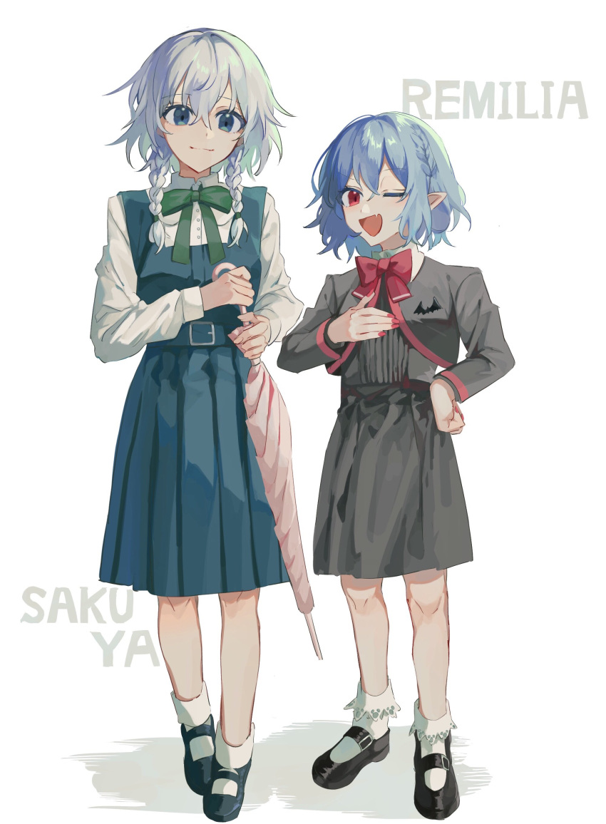 2girls ;d absurdres alternate_costume bangs blue_eyes blue_hair blush bow braid character_name closed_mouth commentary_request fang full_body green_ribbon grey_hair hand_on_hip highres holding holding_umbrella izayoi_sakuya medium_hair multiple_girls neck_ribbon one_eye_closed open_mouth pointy_ears red_bow red_eyes red_nails remilia_scarlet ribbon sidelocks simple_background skin_fang smile socks standing touhou twin_braids umbrella white_background white_legwear yanfei_u