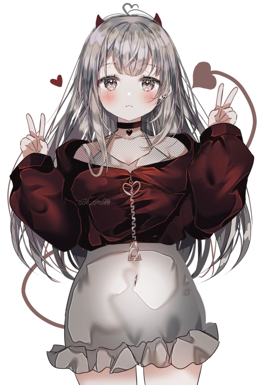 1girl ahoge black_choker bonono choker closed_mouth cowboy_shot demon_girl demon_horns demon_tail double_v earrings grey_eyes grey_hair heart heart_ahoge highres horns jewelry long_hair long_sleeves looking_at_viewer original red_horns simple_background solo standing tail v white_background zipper