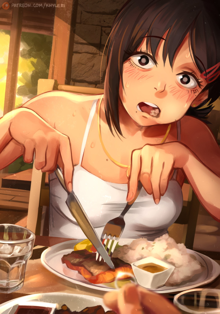 1girl absurdres black_hair blush breasts chainsaw_man eating english_commentary food hair_ornament hairclip higashiyama_kobeni highres jewelry khyle. long_hair looking_at_viewer mole mole_under_eye mole_under_mouth open_mouth pov pov_dating pov_hands ring shirt short_ponytail simple_background solo sweat sweating_profusely white_shirt