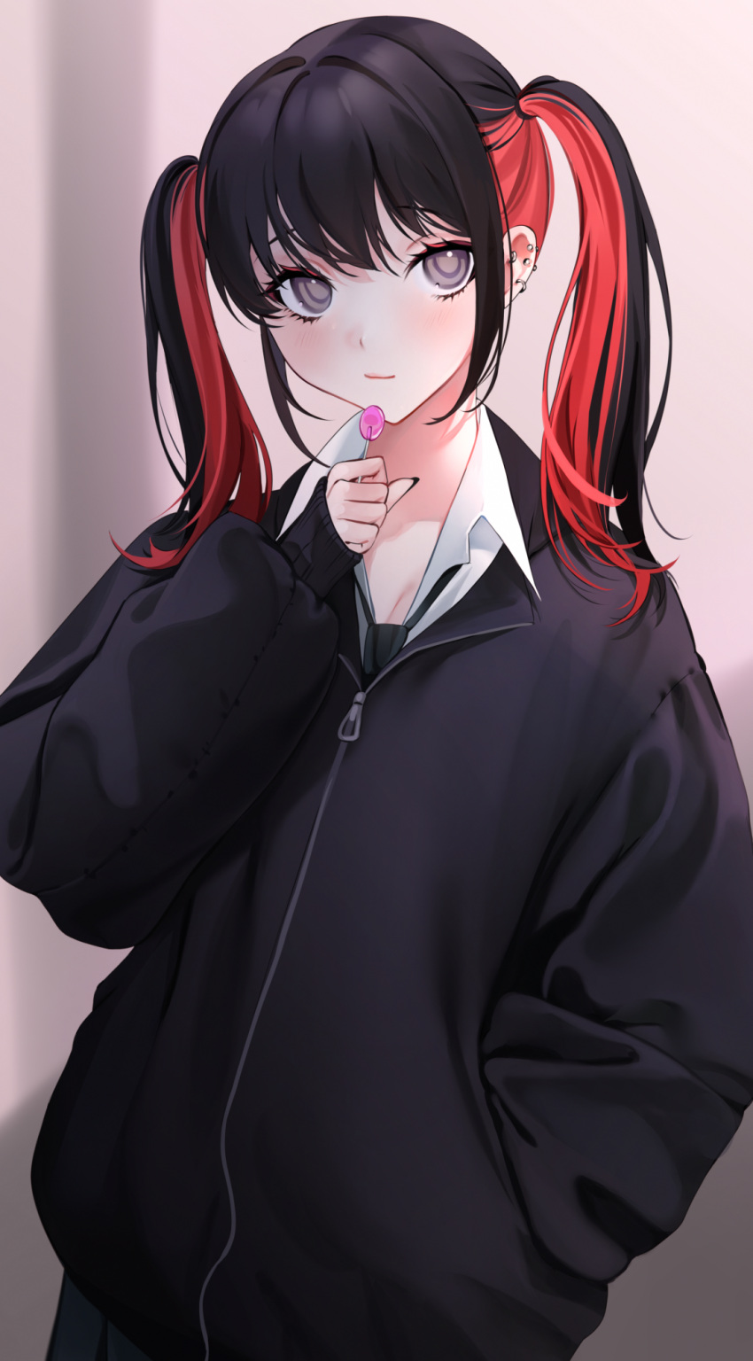 1girl black_eyes black_hair black_jacket black_necktie blush candy collared_shirt commentary ear_piercing food hand_in_pocket highres holding holding_candy holding_food holding_lollipop jacket light_smile lollipop loose_necktie multicolored_hair necktie ompf piercing pleated_skirt redhead school_uniform shirt sidelocks skirt solo sono_bisque_doll_wa_koi_wo_suru streaked_hair sugaya_nowa twintails two-tone_hair white_shirt zipper