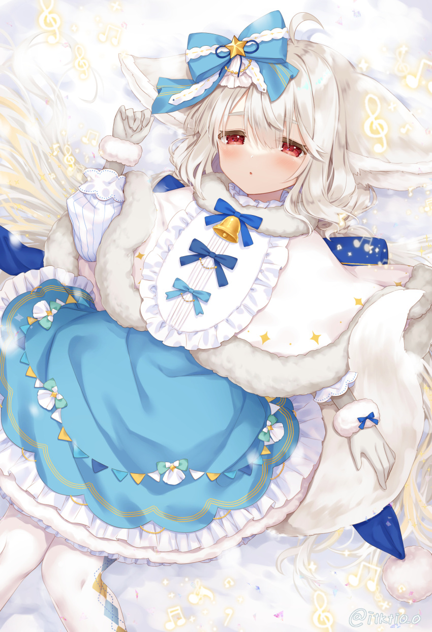 1girl :o ahoge animal_ears argyle argyle_legwear bangs bell blue_bow blue_dress blue_ribbon blush bow capelet commentary_request commission dress dutch_angle ears_down elbow_gloves fox_ears fox_girl fox_tail frilled_skirt frills from_above fur-trimmed_capelet fur-trimmed_skirt fur_collar fur_trim gloves grey_gloves grey_hair hair_between_eyes hair_bow half-closed_eyes hand_up head_tilt highres itsuki_jun large_ears long_hair long_sleeves looking_at_viewer lying musical_note on_back original pennant pom_pom_(clothes) red_eyes ribbon sakurada_shiro scrunchie shiny shiny_hair skeb_commission skirt solo sparkle star_(symbol) tail thigh-highs twitter_username very_long_hair white_capelet white_legwear wrist_scrunchie