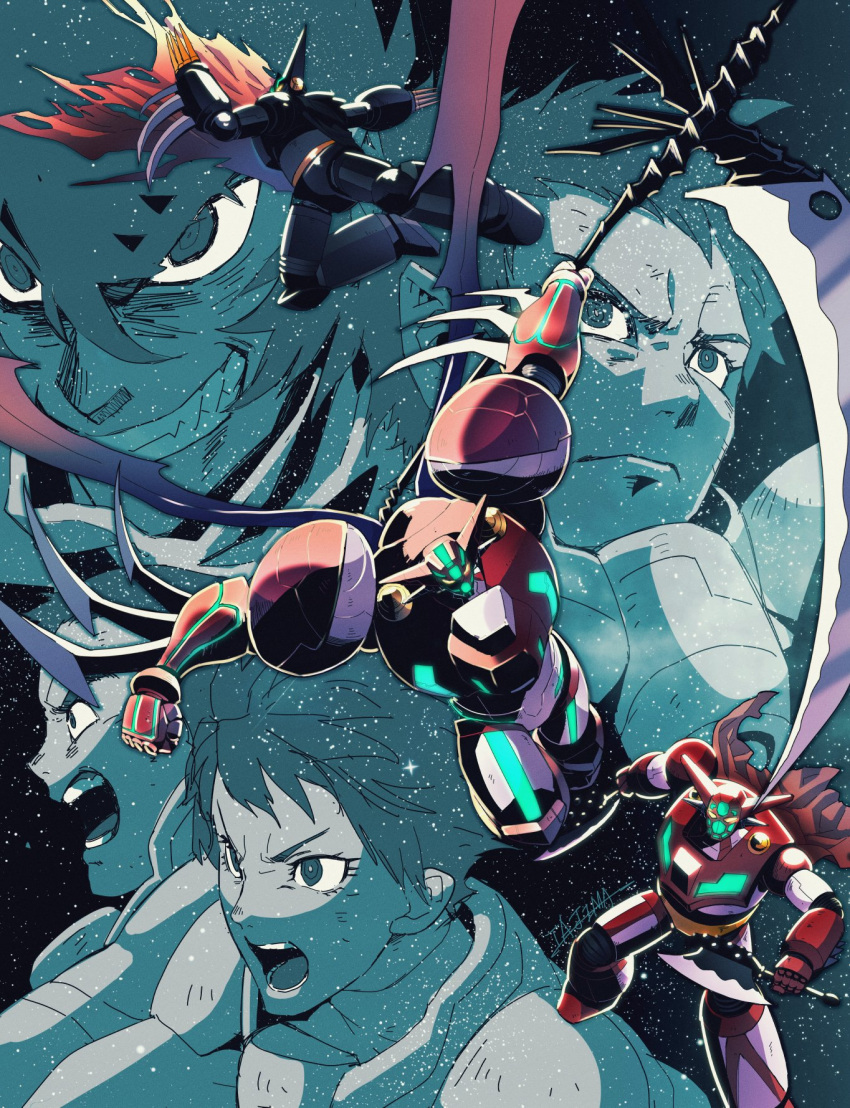 1girl 3boys axe black_getter cape cut-in daidou_gai dual_wielding getter-1 getter_robo gou_saotome grin highres holding holding_weapon kei_kuruma mecha multiple_boys nagare_ryoma robot scythe shin_getter-1 shin_getter_robo smile space spiked_knuckles super_robot tajima_0109 torn_cape torn_clothes weapon wings