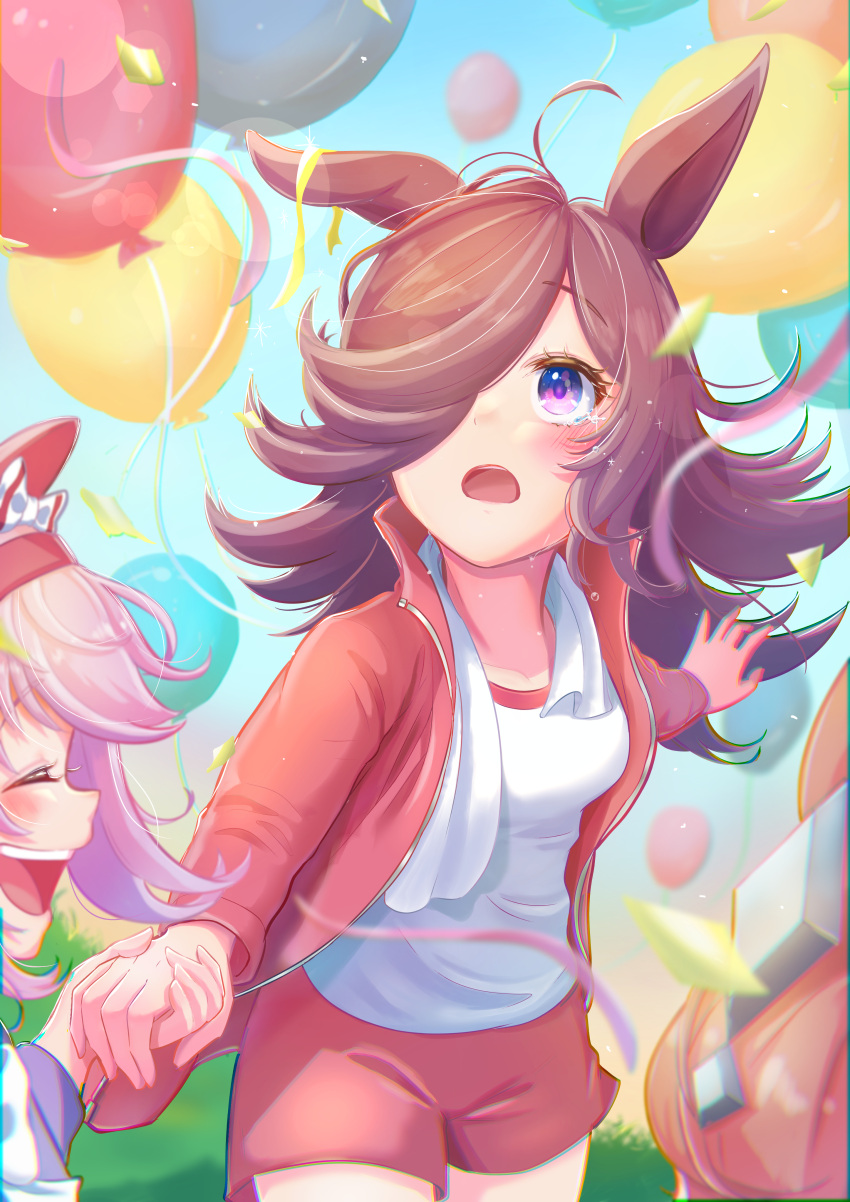 3girls :d :o absurdres animal_ears balloon bangs birthday blurry blush brown_hair chromatic_aberration closed_eyes commentary_request confetti cowboy_shot crying crying_with_eyes_open depth_of_field ear_bow ear_covers ear_down facing_viewer flipped_hair flying_teardrops gym_uniform hair_over_one_eye hairband hand_grab haru_urara_(umamusume) headwear_removed highres horse_ears horse_girl horse_tail jacket kongariinu laughing lens_flare long_hair looking_up mihono_bourbon_(umamusume) multiple_girls open_clothes open_jacket outdoors pink_eyes pink_hair red_jacket red_shorts rice_shower_(umamusume) shorts smile solo_focus tail tears towel towel_around_neck track_jacket umamusume