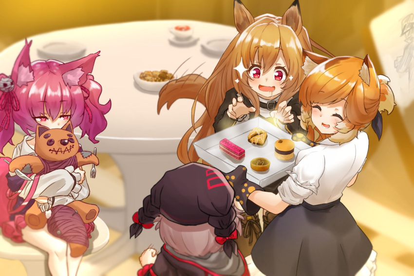 4girls animal_ears arknights baklava bangs black_jacket black_skirt brown_hair cat_ears cat_girl ceobe_(arknights) closed_eyes dessert dog_ears dog_girl doll_hug drooling food fox_ears fox_girl highres holding holding_tray indoors jacket long_hair long_sleeves mittens monn_itsu morte_(arknights) mousse_(arknights) multicolored_clothes multicolored_jacket multiple_girls object_hug open_mouth oven_mitts popukar_(arknights) purple_hair red_eyes shamare_(arknights) skirt smile stuffed_wolf tray twintails violet_eyes