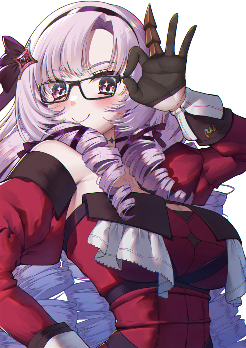 1girl absurdres adjusting_eyewear bangs bespectacled black-framed_eyewear black_gloves black_hairband blush chest_tattoo claw_ring closed_mouth dress drill_hair glasses gloves hairband highres himeliofon hyakumantenbara_salome juliet_sleeves light_purple_hair long_hair long_sleeves looking_at_viewer nijisanji off-shoulder_dress off_shoulder parted_bangs puffy_sleeves red_dress red_sleeves scorpion_tattoo simple_background smile solo tattoo upper_body violet_eyes virtual_youtuber white_background