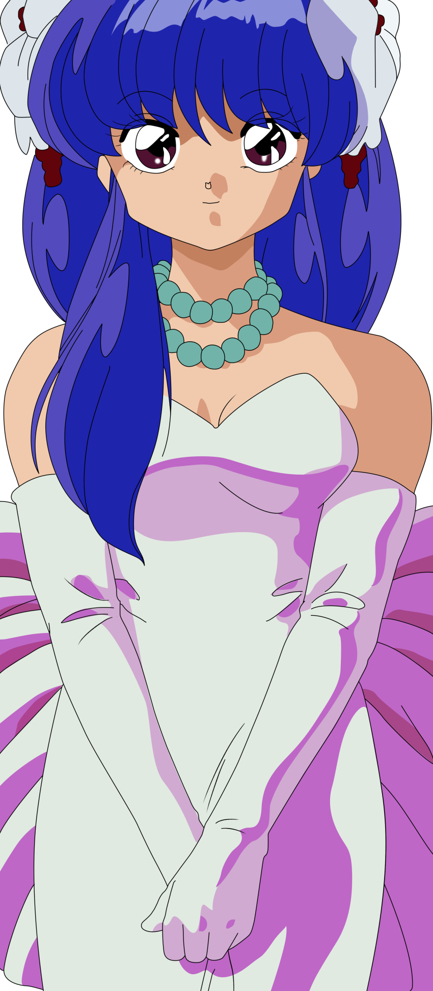 absurdres collar dress gaslam gloves highres long_hair looking_at_viewer own_hands_together purple_hair red_eyes shampoo_(ranma_1/2) solo transparent_background wedding_dress white_gloves