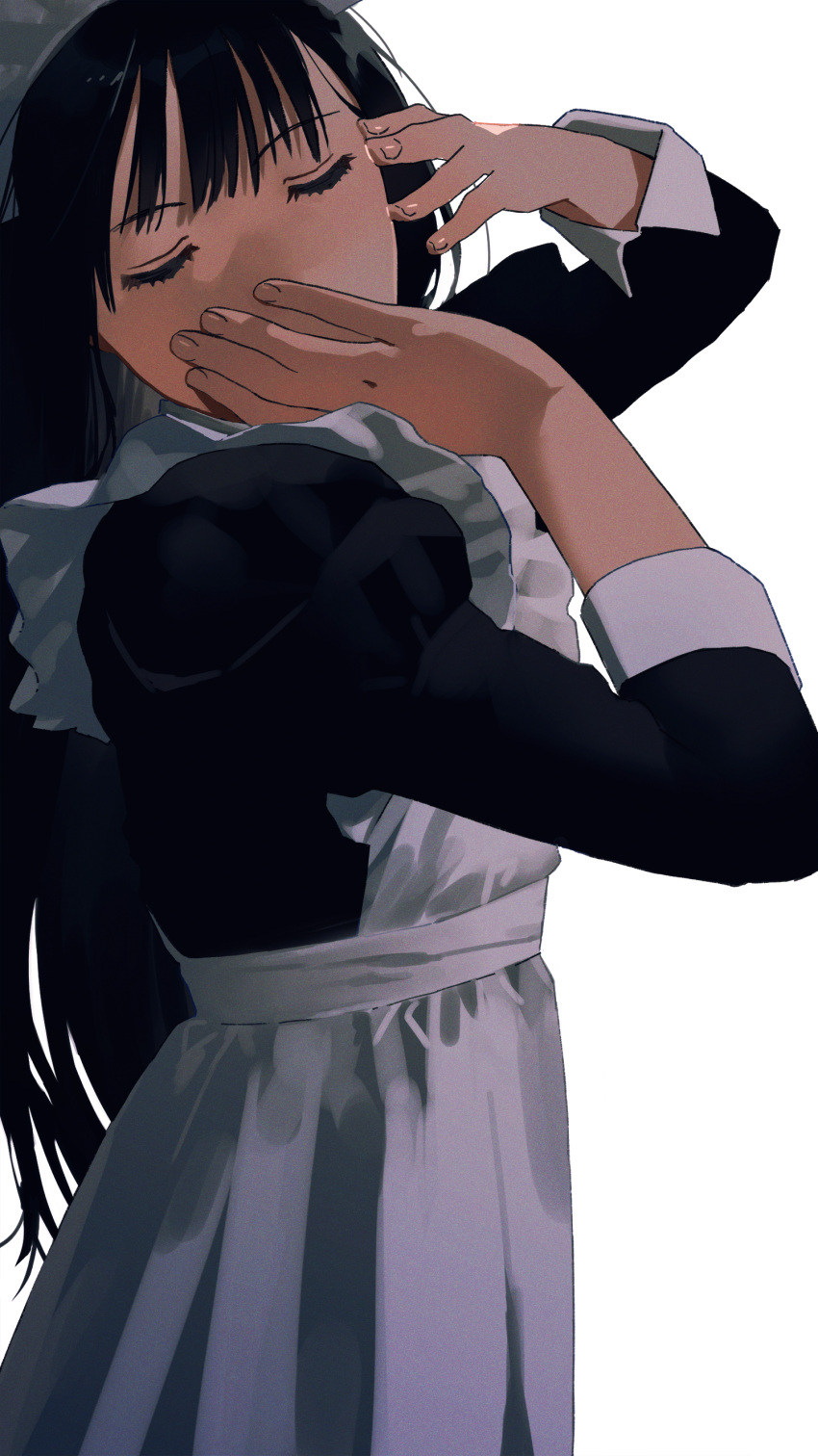 1girl absurdres apron bangs black_dress black_hair closed_eyes commentary dress facing_viewer frilled_apron frills hands_up highres juliet_sleeves long_hair long_sleeves maeya_susumu maid maid_apron maid_headdress original puffy_sleeves simple_background solo symbol-only_commentary very_long_hair white_apron white_background