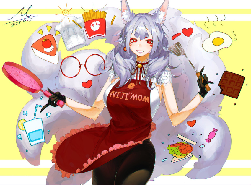 1girl animal_ears apron black_gloves black_legwear breasts chocolate cupcake dated egg extra_ears eyeshadow facial_mark food forehead_mark fox_ears fox_girl fox_tail french_fries frying_pan glass glasses gloves grey_hair halter_top halterneck heart highres large_breasts lips logo looking_at_viewer makeup mature_female medium_hair miao94236 multiple_tails nijisanji nijisanji_en nina_kosaka pants red_apron red_eyeliner red_eyes red_eyeshadow red_eyewear round_eyewear sandwich shirt short_eyebrows signature sleeveless smile solo strawberry_shortcake tail virtual_youtuber water white_shirt