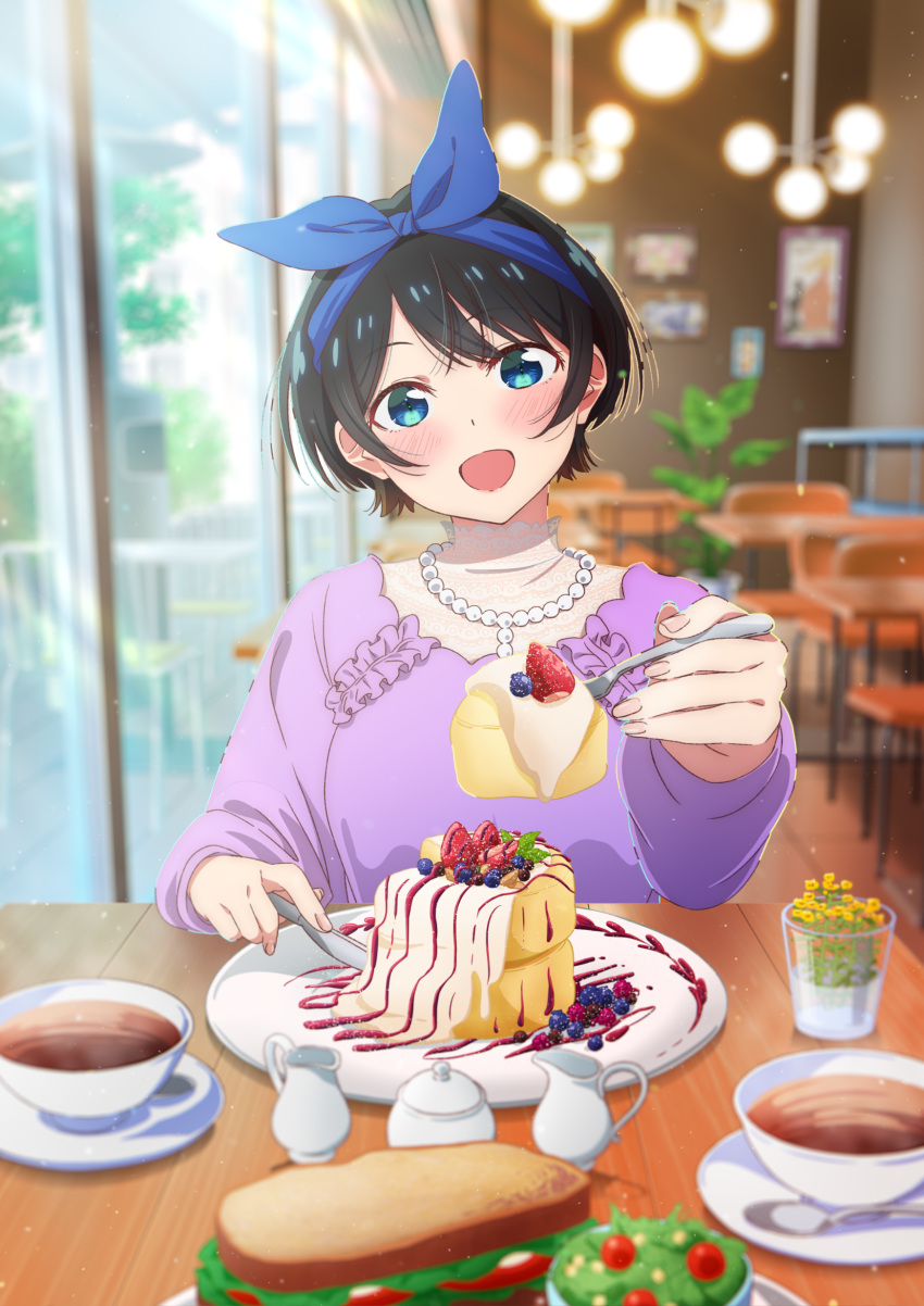 1girl :o absurdres bangs black_hair blue_eyes blue_ribbon blurry blurry_background blurry_foreground bread cake cutlery flower food frills hair_ribbon highres incoming_food jewelry kanojo_okarishimasu looking_at_viewer necklace official_alternate_costume official_art open_mouth pearl_necklace purple_shirt ribbon sandwich sarashina_ruka see-through see-through_shirt shirt short_hair sitting smile solo tea upper_body