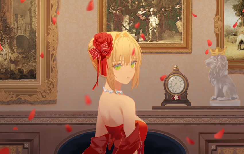 1girl ahoge backless_outfit bangs blonde_hair blush bow breasts choker closed_mouth crown dress fate/extra fate/grand_order fate_(series) flower green_eyes hair_between_eyes hair_bow hair_flower hair_ornament highres lion looking_at_viewer nero_claudius_(fate) nero_claudius_(fate/extra) painting_(medium) petals picture_(object) red_bow red_dress red_flower red_headwear ribbon short_hair sleeveless sleeveless_dress solo tr_(hareru) traditional_media