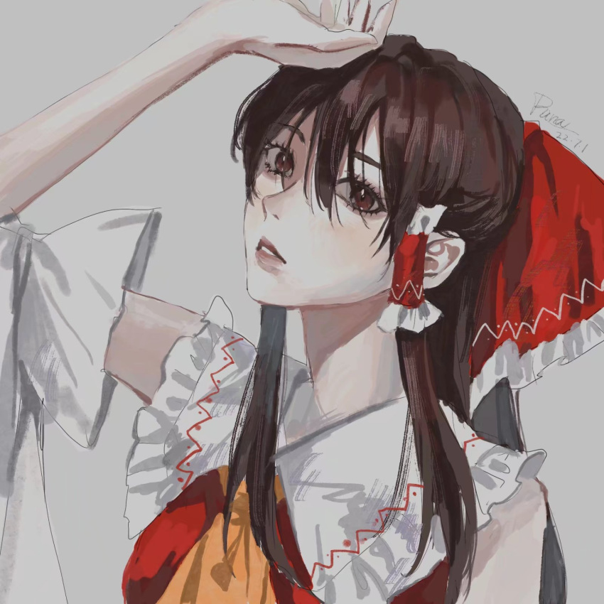 1girl aihara-rina ascot bangs bow brown_eyes brown_hair commentary_request dated detached_sleeves frilled_bow frilled_hair_tubes frilled_shirt_collar frills grey_background hair_between_eyes hair_bow hair_tubes hakurei_reimu hand_on_own_head highres lips long_hair looking_at_viewer orange_ascot parted_lips red_bow red_vest signature solo touhou upper_body vest