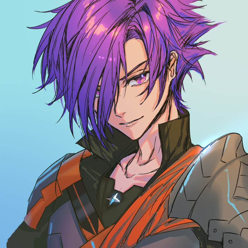1boy armor cape closed_mouth feh_xeri fire_emblem fire_emblem:_three_houses fire_emblem_warriors:_three_hopes hair_over_one_eye highres long_sleeves looking_at_viewer medium_hair purple_hair shez_(fire_emblem) shez_(fire_emblem)_(male) short_hair simple_background violet_eyes