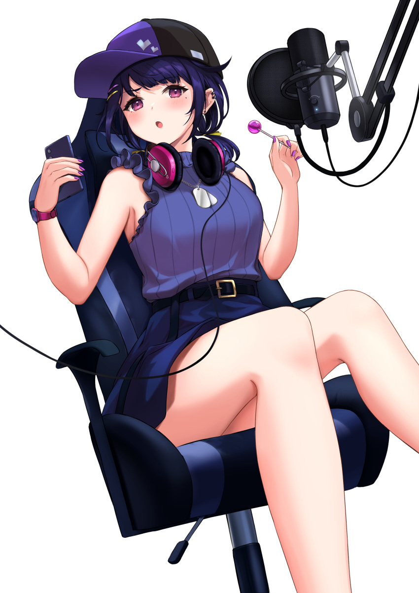 1girl :o absurdres bangs bare_arms bare_shoulders baseball_cap belt belt_buckle black_belt black_headwear blue_hair blue_shirt blue_skirt blush breasts buckle cable candy cellphone chair commentary_request dog_tags dutch_angle ear_piercing earrings food frilled_shirt frills hair_ornament hair_ribbon hairclip hat head_tilt headphones headphones_around_neck high-waist_skirt highres holding holding_candy holding_food holding_phone jewelry legs lollipop looking_at_viewer low_twintails medium_breasts medium_hair microphone mole mole_under_eye nail_polish original phone piercing purple_headwear purple_nails ribbon shiny shiny_hair shirt sidelocks simple_background sitting skirt sleeveless sleeveless_shirt smartphone solo striped striped_shirt stud_earrings studio_microphone swept_bangs twintails vertical-striped_shirt vertical_stripes violet_eyes watch watch white_background yatumeshinoa yellow_ribbon