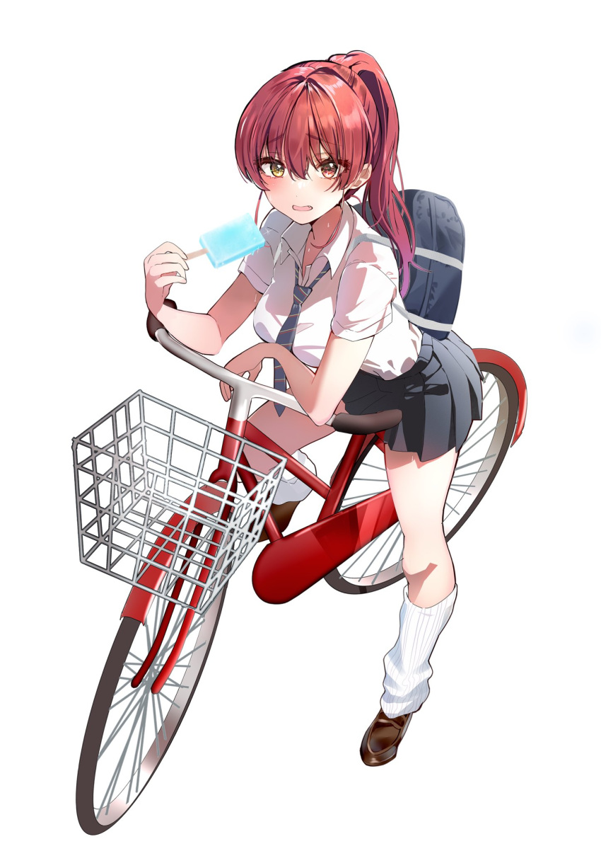 1girl bag bangs bicycle commentary_request food full_body grey_necktie grey_skirt ground_vehicle heterochromia highres holding holding_food hololive houshou_marine loafers long_hair looking_at_viewer necktie ponytail popsicle red_eyes redhead riding school_bag school_uniform shirt shoes simple_background skirt solo striped_necktie virtual_youtuber white_background white_legwear white_shirt yellow_eyes yoshioka_pochi