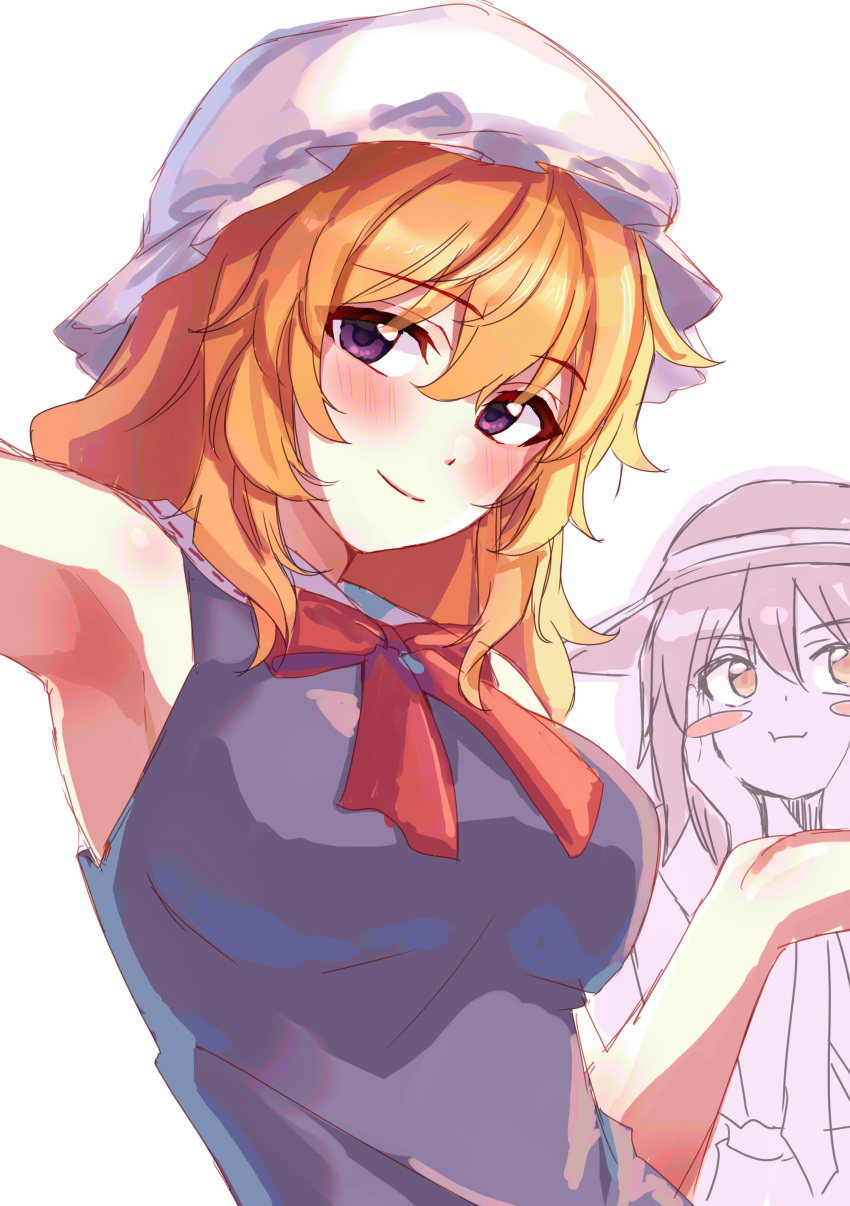 2girls absurdres adapted_costume armpits bangs blonde_hair blush blush_stickers brown_eyes collared_dress commentary dress hair_between_eyes hands_on_own_cheeks hands_on_own_face hat hat_ribbon highres kosaka_sakasa looking_at_viewer maribel_hearn medium_hair mob_cap multiple_girls neck_ribbon necktie one-hour_drawing_challenge pout purple_dress red_ribbon ribbon sleeveless sleeveless_dress smile solo_focus touhou upper_body usami_renko violet_eyes white_background white_headwear