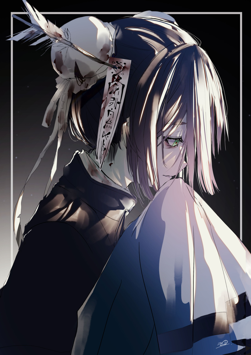 1girl absurdres arrow_(projectile) arrow_in_head black_background black_hair blue_eyes chinese_clothes facing_to_the_side gradient gradient_background highres long_sleeves looking_down open_mouth original sanamisa short_hair sleeves_past_wrists solo talisman white_background