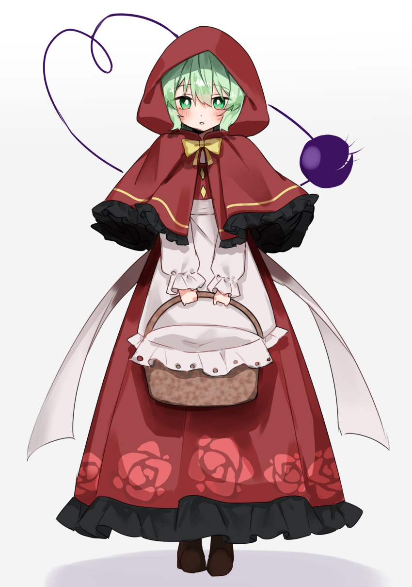 1girl absurdres alternate_costume apron basket blush bow bowtie bright_pupils brown_footwear buttons capelet commentary cosplay diamond_button dress floral_print frilled_capelet frilled_dress frilled_sleeves frills full_body green_eyes green_hair grimm's_fairy_tales hair_between_eyes highres holding holding_basket hood hood_up hooded_capelet komeiji_koishi little_red_riding_hood little_red_riding_hood_(grimm) little_red_riding_hood_(grimm)_(cosplay) long_sleeves looking_at_viewer medium_hair parted_lips red_capelet red_dress rose_print shoes simple_background solo standing suikario third_eye touhou waist_apron white_apron white_background white_pupils yellow_bow yellow_bowtie