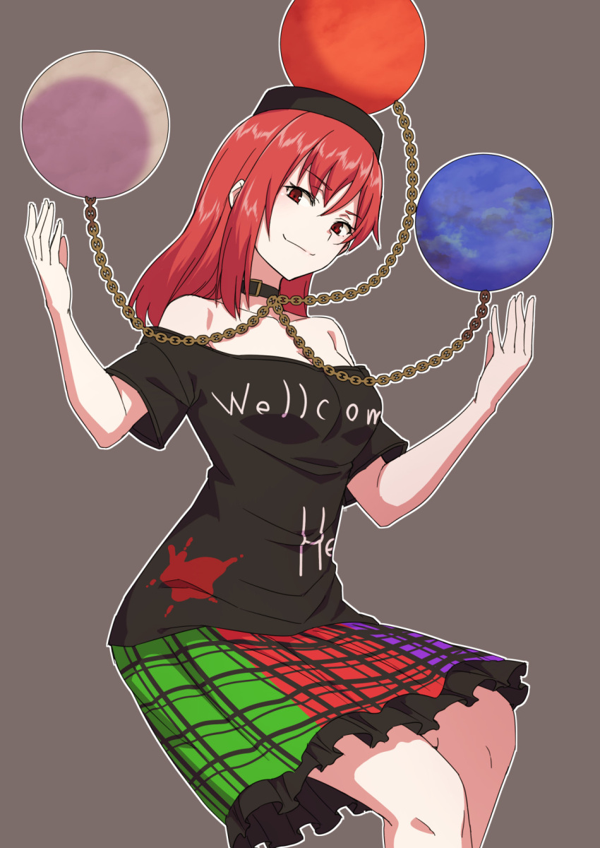 1girl bangs black_choker chain choker closed_mouth clothes_writing earth_(ornament) grey_background heart hecatia_lapislazuli highres kakone looking_at_viewer medium_hair moon_(ornament) multicolored_clothes multicolored_skirt off-shoulder_shirt off_shoulder one-hour_drawing_challenge plaid plaid_skirt polos_crown red_eyes redhead shirt simple_background skirt smile solo t-shirt touhou