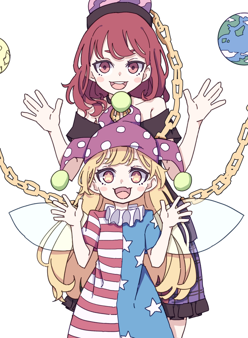 2girls absurdres american_flag_dress black_shirt blonde_hair blush_stickers chain clownpiece colored_skin dress earth_(ornament) fairy fairy_wings frilled_skirt frills hat hecatia_lapislazuli highres jester_cap kame_(kamepan44231) long_hair moon_(ornament) multicolored_skin multiple_girls off-shoulder_shirt off_shoulder one-hour_drawing_challenge open_mouth pink_eyes polka_dot polka_dot_headwear polos_crown purple_headwear red_eyes redhead round_teeth shirt short_hair short_sleeves simple_background skirt smile star-shaped_pupils star_(symbol) star_print striped striped_dress symbol-shaped_pupils t-shirt teeth touhou upper_teeth white_background wings