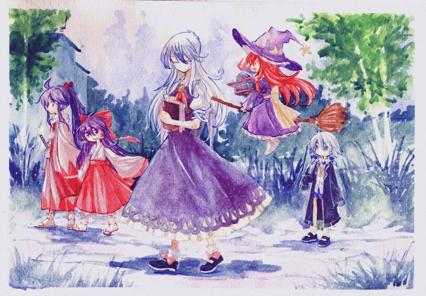 5girls absurdres ahoge alternate_costume back_bow bangs black_coat black_footwear blue_eyes blue_shorts bobby_socks book border bow braid brooch broom broom_riding child chinese_commentary closed_eyes closed_mouth coat commentary_request crescent crescent_hat_ornament day dress female_child floating_hair footwear_bow from_side grass grey_hair hair_between_eyes hair_bow hair_ribbon hair_tubes hakama hakama_skirt hakurei_reimu hakurei_reimu_(pc-98) hat hat_ornament headwear_removed highres holding holding_book holding_clothes holding_hat izayoi_sakuya japanese_clothes jewelry kamishirasawa_keine katana kimono kirisame_marisa kirisame_marisa_(pc-98) ko_kita long_dress long_hair long_skirt long_sleeves looking_at_viewer looking_away mary_janes meira_(touhou) multiple_girls neckerchief open_mouth outdoors painting_(medium) pink_bow pom_pom_(clothes) ponytail puffy_short_sleeves puffy_sleeves purple_dress purple_hair purple_headwear red_bow red_eyes red_hakama red_kimono red_neckerchief red_skirt redhead ribbon sandals sheath sheathed shirt shoes short_hair short_sleeves shorts sidelocks skirt sleeveless sleeveless_dress sleeves_past_fingers sleeves_past_wrists smile socks standing star_(symbol) star_hat_ornament sword tabi touhou touhou_(pc-98) traditional_media tree tress_ribbon twin_braids two-tone_kimono very_long_hair violet_eyes walking watercolor_(medium) weapon white_border white_footwear white_hair white_kimono white_legwear white_shirt wide_shot wide_sleeves witch witch_hat yellow_bow younger zouri