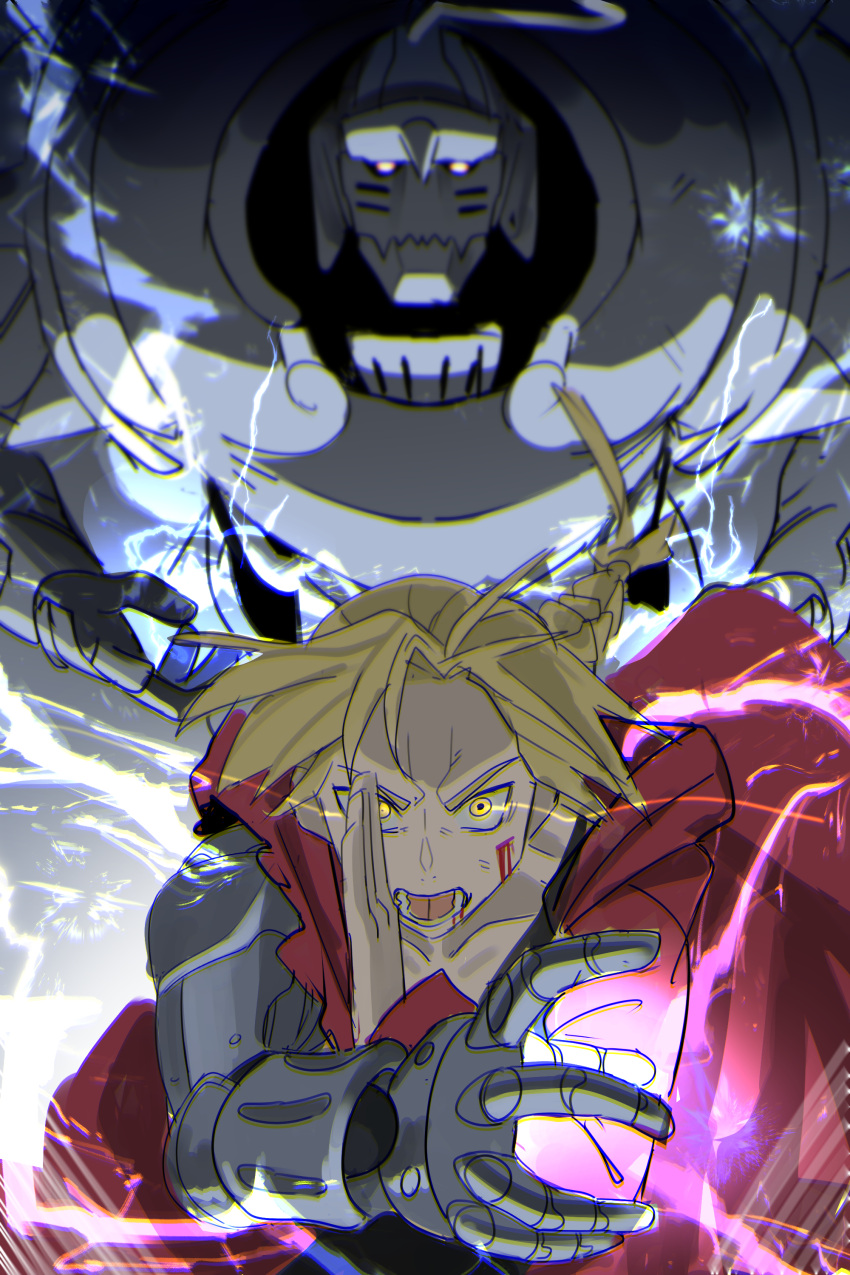 2boys absurdres alphonse_elric armor bleeding blonde_hair blood blood_on_face closed_mouth coat collarbone edward_elric electricity flaming_eyes full_armor fullmetal_alchemist glowing glowing_eyes highres hood hood_down hooded_coat jiki_(gkdlfnzo1245) long_hair lower_teeth male_focus mechanical_arms multiple_boys open_mouth pauldrons prosthesis prosthetic_arm red_coat shoulder_armor spiked_helmet spiked_pauldrons teeth tongue torn_clothes torn_coat vambraces violet_eyes