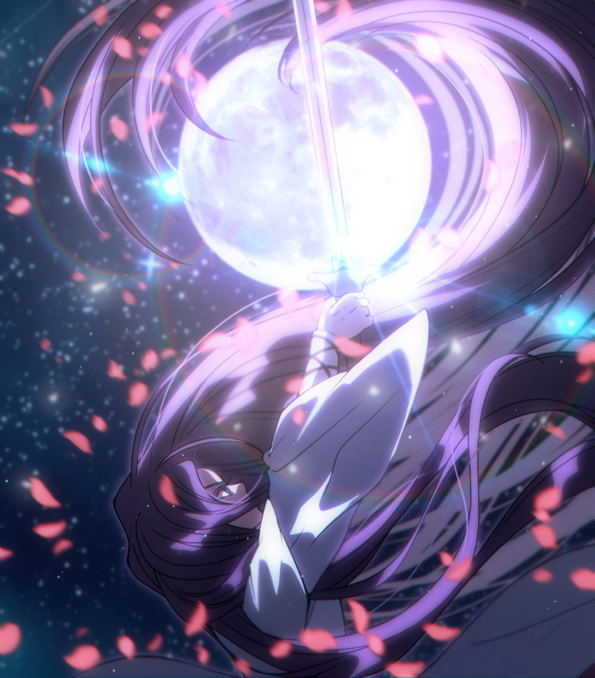 1girl banana_is_you black_hair dust falling_petals floating_hair from_side glint highres light long_sleeves looking_up moon petals return_of_the_mount_hua_sect solo sword weapon yu_iseol_(return_of_the_mount_hua_sect)