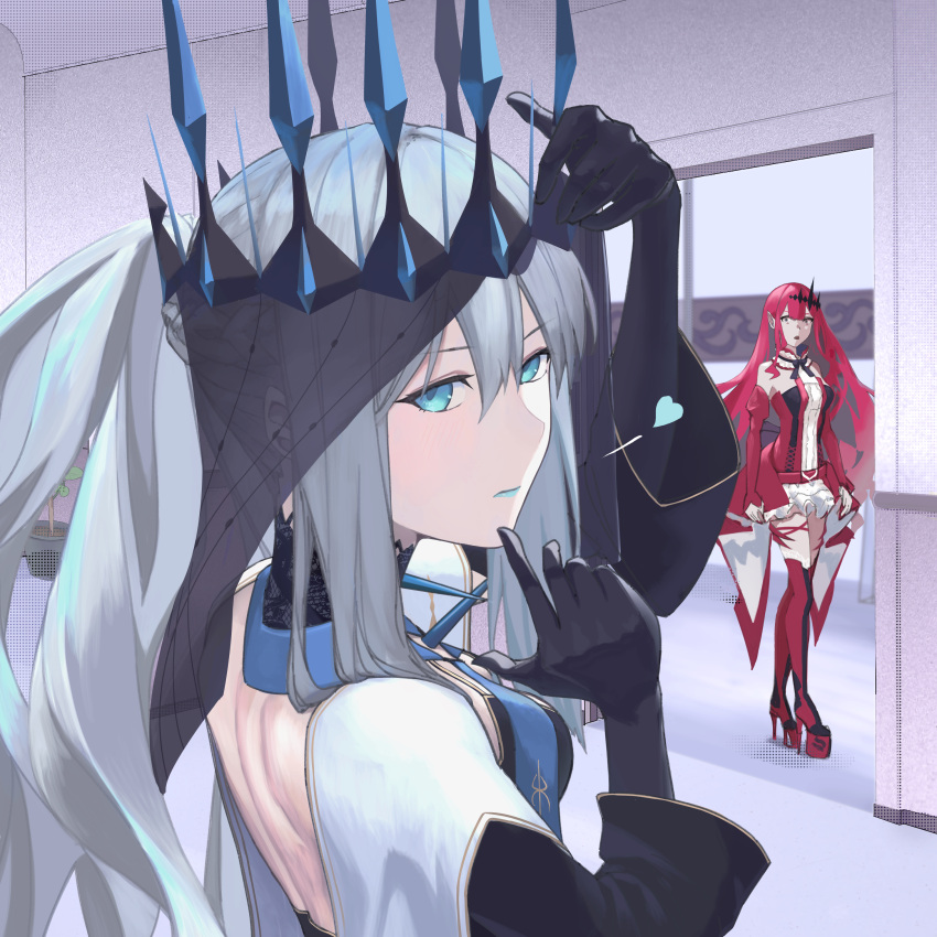 absurdres black_bow blue_eyes blue_lips blush bow braid center_frills center_opening clothing_cutout crown dress fairy_knight_tristan_(fate) fate/grand_order fate_(series) french_braid frills grey_eyes heart highres lipstick long_hair looking_at_viewer makeup morgan_le_fay_(fate) pink_hair pointy_ears ponytail red_dress sidelocks smile spoken_heart stomach_cutout tiara torayotorayomonekonouchi two-tone_dress veil veil_lift white_hair