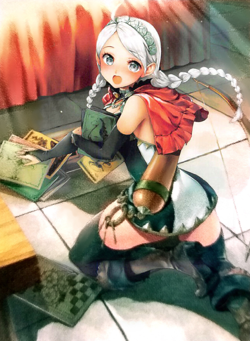 1girl ahoge bangs bare_shoulders black_legwear blush boots bow_(weapon) braid bridal_gauntlets buttons capelet fire_emblem fire_emblem_cipher fire_emblem_fates genki_kuno grey_shirt hairband highres hood hood_down hooded_capelet indoors long_hair looking_at_viewer nina_(fire_emblem) official_alternate_costume official_art open_mouth parted_bangs pile_of_books quiver red_hood shirt thigh-highs third-party_source tile_floor tiles twin_braids weapon white_hair white_hairband