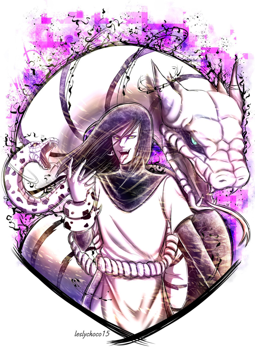 1boy :d artist_name bangs black_hair cowboy_shot earrings hair_between_eyes highres jewelry leslychoco15 long_hair long_sleeves magatama magatama_earrings male_focus naruto_(series) orochimaru_(naruto) smile snake solo standing straight_hair tongue tongue_out white_tunic yellow_eyes