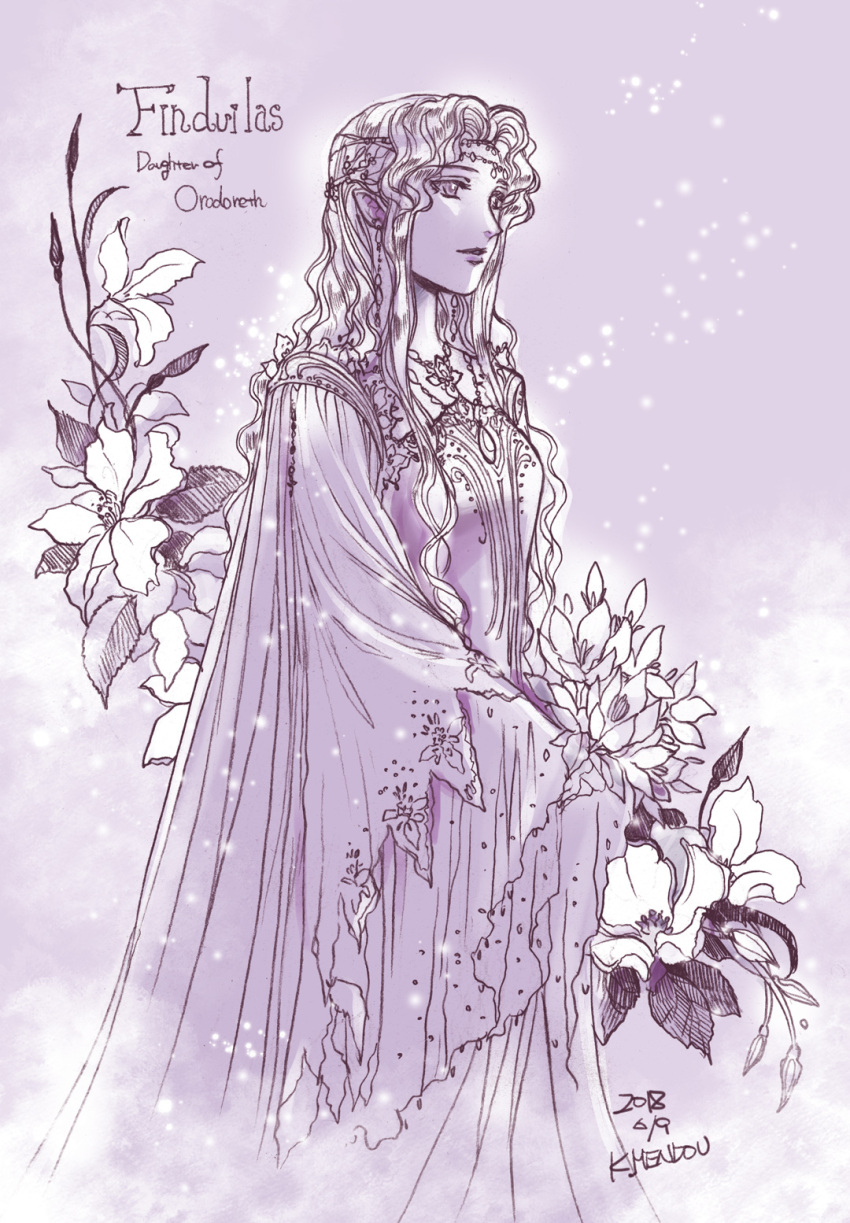 1girl character_name circlet dated finduilas flower highres kazuki-mendou long_hair long_sleeves monochrome one-hour_drawing_challenge parted_lips pointy_ears purple_theme revision signature solo standing the_silmarillion tolkien's_legendarium wide_sleeves