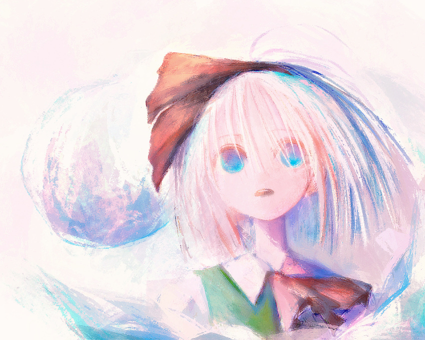 1girl ascot black_ascot black_ribbon blue_eyes collared_shirt d: english_commentary ffgghhjj green_vest hat hat_ribbon konpaku_youmu konpaku_youmu_(ghost) looking_at_viewer medium_hair open_mouth ribbon shirt solo teeth touhou upper_body upper_teeth vest white_hair white_shirt