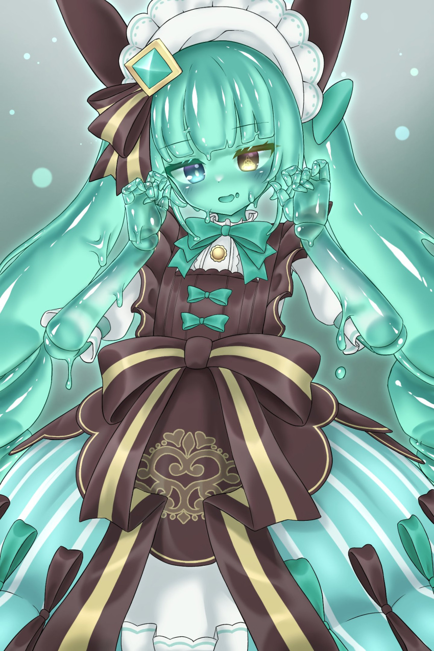 1girl blue_eyes blush bow bowtie brooch brown_dress brown_eyes commission curss doll_joints dress green_bow green_bowtie green_hair hands_up heterochromia highres jewelry joints long_hair looking_at_viewer maid_headdress monster_girl original skeb_commission slime_girl smile solo twintails very_long_hair