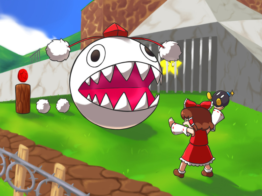 1girl blue_sky bob-omb brown_hair chain_chomp closed_eyes clouds coin edgycat english_commentary fence full_body hair_tubes hakurei_reimu hat inubashiri_momiji outdoors pom_pom_(clothes) power_star_(mario) red_coin red_headwear red_shirt red_skirt sharp_teeth shirt short_hair sidelocks skirt sky standing super_mario_64 super_mario_bros. teeth tokin_hat touhou