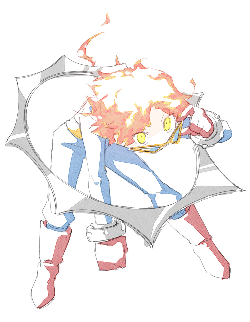 1boy adjusting_eyewear alternate_eye_color blue_bodysuit bodysuit boots commentary cosplay fiery_hair full_body glasses gloves hanamura_yousuke hand_on_eyewear highres kkyagdoyo164972 looking_at_viewer male_focus orange_hair persona persona_4 red_boots red_gloves short_hair simple_background solo susanoo_(persona) susanoo_(persona)_(cosplay) untranslatable_commentary white_background yellow_eyes