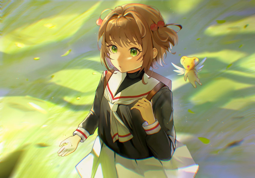 1girl :o antenna_hair backpack bag bangs black_serafuku blurry blurry_background brown_hair cardcaptor_sakura depth_of_field grass green_eyes hair_bobbles hair_ornament highres holding_strap kero kinomoto_sakura leaf long_sleeves open_mouth outdoors randoseru sailor_collar school_uniform serafuku skirt striped_sleeves surprised ufoliving white_skirt wind wings