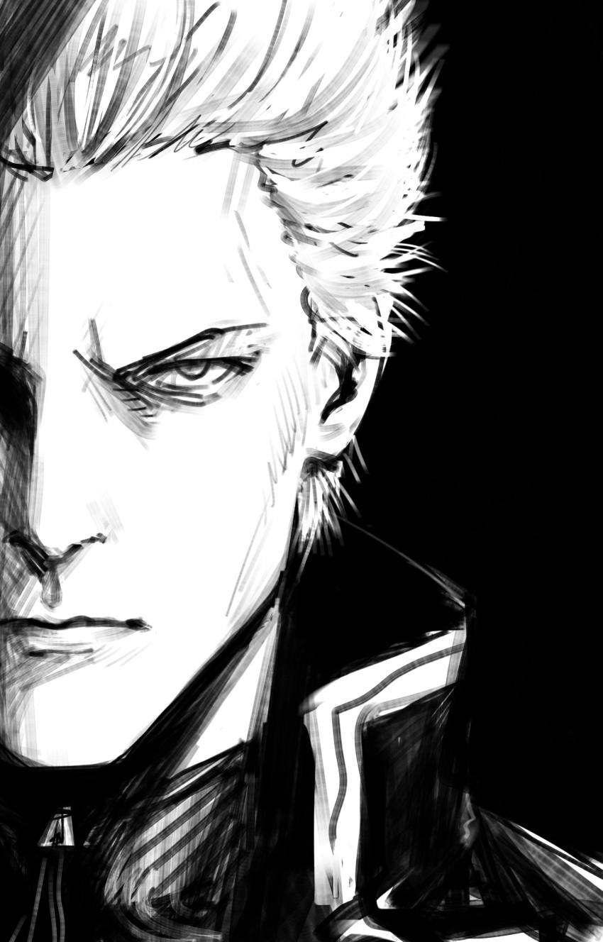 1boy absurdres black_background black_shirt coat colored_skin devil_may_cry_(series) devil_may_cry_5 highres jacket looking_at_viewer male_focus monochrome profile rakku_(rkrmz0n) shaded_face shirt sketch spiky_hair vergil_(devil_may_cry) white_hair white_skin zipper zipper_pull_tab