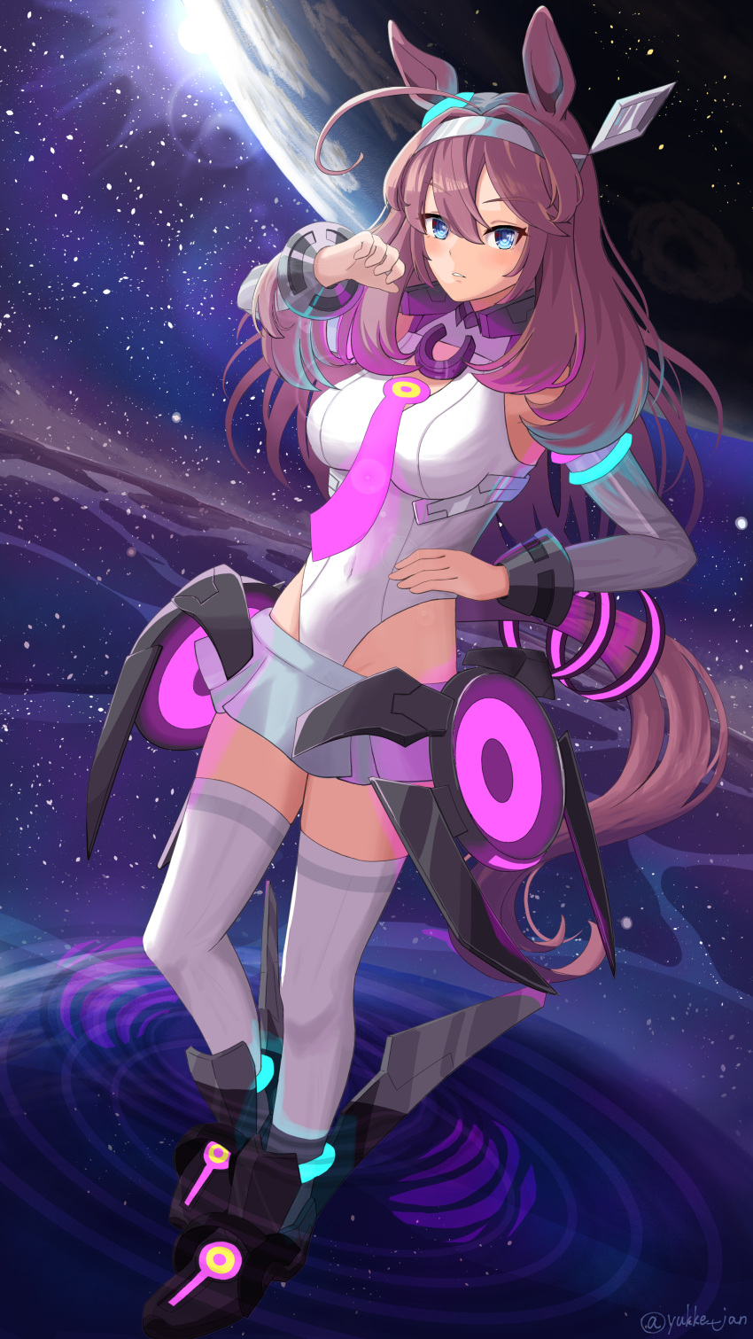 1girl absurdres ahoge animal_ears blue_eyes breasts brown_hair detached_sleeves full_body hair_between_eyes hair_ornament headband highres horse_ears horse_girl horse_tail large_breasts mihono_bourbon_(umamusume) shoes solo space tail thigh-highs twitter_username umamusume white_legwear yukke_jan