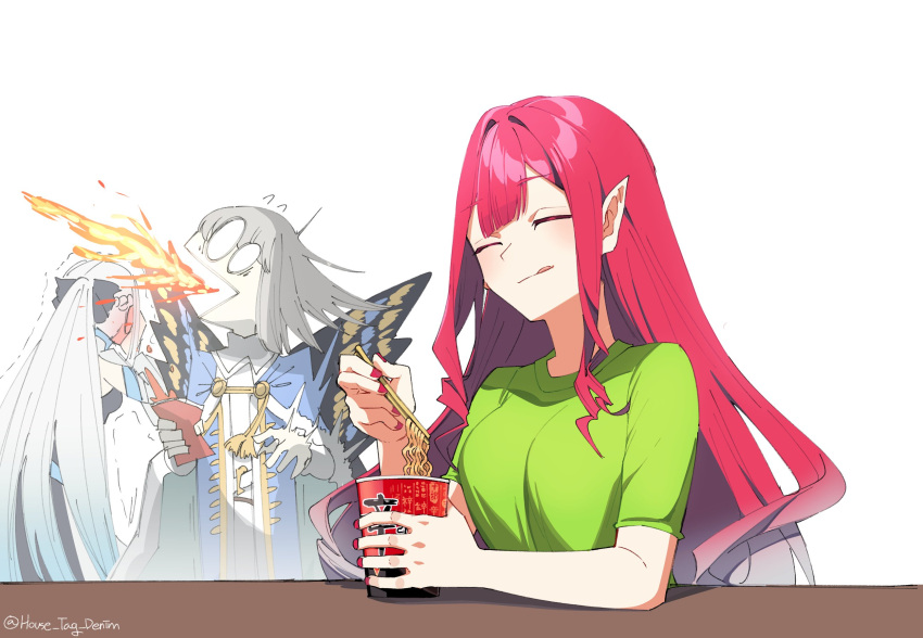 1boy 2girls breathing_fire butterfly_wings chopsticks closed_eyes eating fairy_knight_tristan_(fate) fate/grand_order fate_(series) fire green_shirt grey_hair highres house_tag_denim long_hair morgan_le_fay_(fate) multiple_girls oberon_(fate) pink_hair pink_nails pointy_ears ponytail ramen shirt spicy twitter_username wings