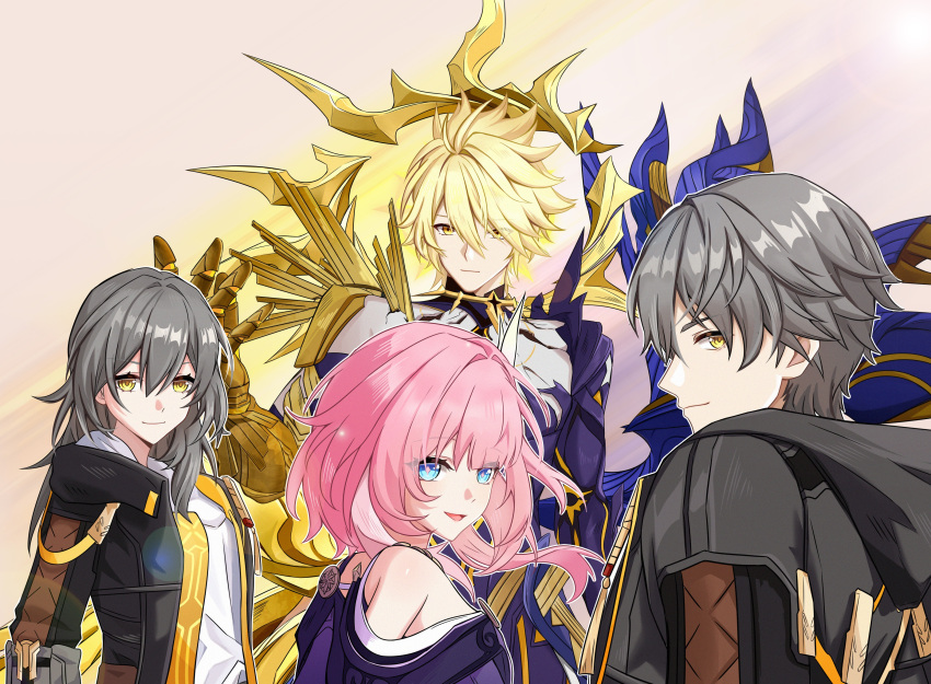 2boys 2girls absurdres asymmetrical_wings black_coat blonde_hair blue_wings breasts caelus_(honkai:_star_rail) chinese_commentary coat commentary_request cracked_skin cyrene_(honkai:_star_rail) cyrene_(philia093)_(honkai:_star_rail) dual_persona gauntlets gold_blood gold_halo grey_hair highres honkai:_star_rail honkai_(series) li_shijin looking_at_another medium_hair mismatched_wings multicolored_hair multiple_boys multiple_girls phainon_(honkai:_star_rail) phainon_(khaslana)_(honkai:_star_rail) pink_hair purple_coat shirt short_hair simple_background small_breasts stelle_(honkai:_star_rail) topless_male trailblazer_(honkai:_star_rail) two-tone_hair white_hair white_shirt wings yellow_eyes yellow_wings