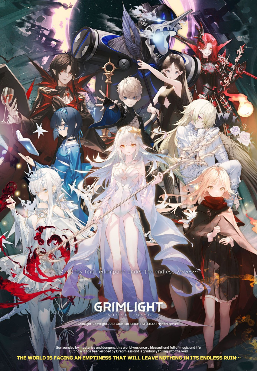 2boys 6+girls artist_request briar_rose_(grimlight) character_request dracula_(grimlight) full_body game_cg geppeto_(grimlight) glasses grimlight highres little_match_girl_(grimlight) little_mermaid_(grimlight) long_hair looking_at_viewer multiple_boys multiple_girls official_art red_knight_(grimlight) short_hair winter_queen_(grimlight)