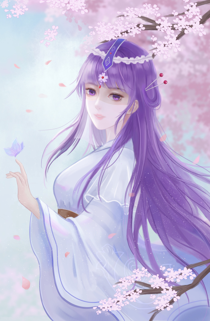 1girl absurdres blue_sky blurry blurry_background branch bug butterfly falling_petals flower from_side hair_ornament hairpin highres long_hair looking_at_viewer needle petals purple_hair shao_siming_(qin_shi_ming_yue) shao_siming_guang_wei sky solo upper_body veil zhu_xian