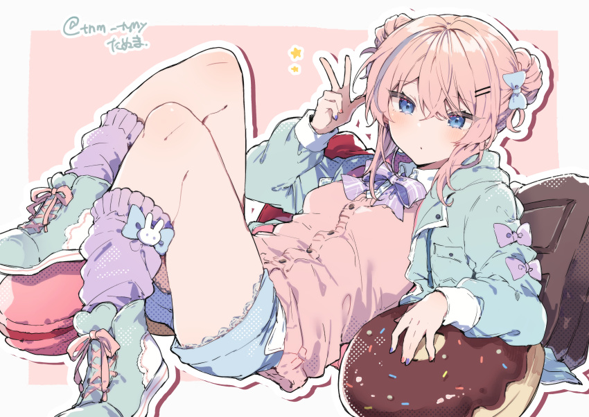 1girl bangs blue_eyes blue_hair blue_nails blush bow bowtie double_bun doughnut dress_shirt food full_body hair_between_eyes hair_bow hair_bun highres ikeuchi_tanuma jacket looking_at_viewer lying medium_hair multicolored_clothes multicolored_hair nail_polish original parted_lips pillow pink_hair pink_nails rije_(ikeuchi_tanuma) shirt shoes short_shorts shorts signature simple_background sneakers socks sweater_vest symbol-only_commentary v