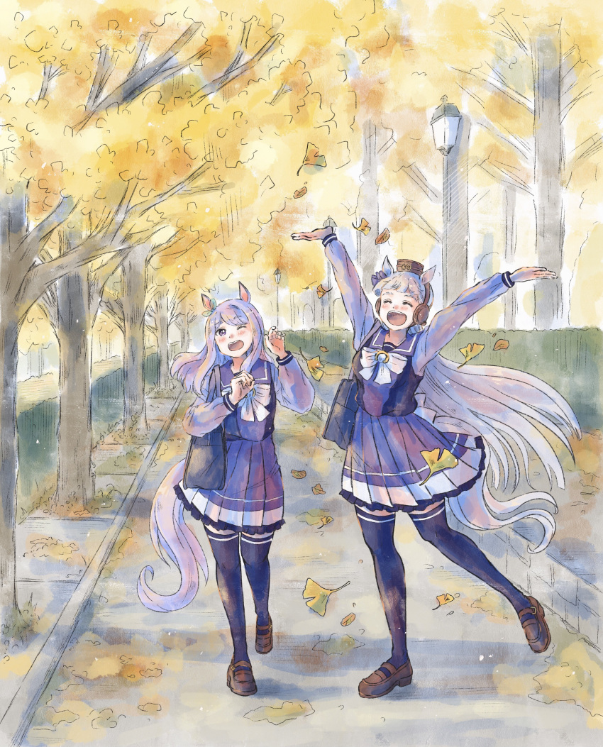 2girls :d ;o \o/ absurdres animal_ears arms_up autumn autumn_leaves bag bangs blunt_bangs bow bowtie brown_footwear commentary_request falling_leaves full_body gold_ship_(umamusume) grey_hair highres horse_ears horse_girl horse_tail leaf light_purple_hair loafers long_hair long_sleeves mejiro_mcqueen_(umamusume) multiple_girls nukakonoe one_eye_closed outstretched_arms pillbox_hat pleated_skirt puffy_long_sleeves puffy_sleeves purple_hair purple_legwear purple_shirt purple_skirt road sailor_collar school_bag school_uniform serafuku shirt shoes shoulder_bag skirt smile standing standing_on_one_leg straight-on tail thigh-highs tracen_school_uniform tree very_long_hair violet_eyes walking white_bow white_bowtie wince winter_uniform