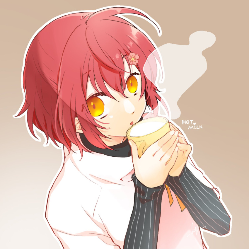 1boy :o black_sweater brown_background cowlick cup dutch_angle english_text gradient gradient_background hair_between_eyes hanasaki_miyabi highres holding holding_cup holostars looking_at_viewer looking_up male_focus milk orange_eyes outline redhead shirt shixxxkia short_hair simple_background sleeves_past_wrists solo steam sweater upper_body virtual_youtuber white_outline white_shirt